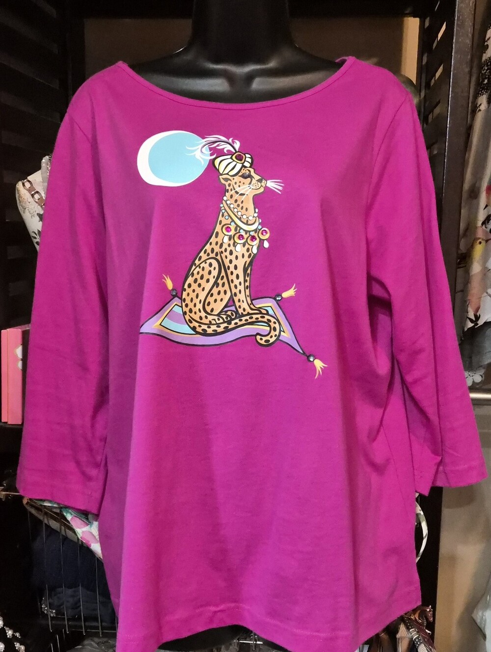 Bob Mackie Fuchsia Long Sleeve Tee with Leopard Graphic